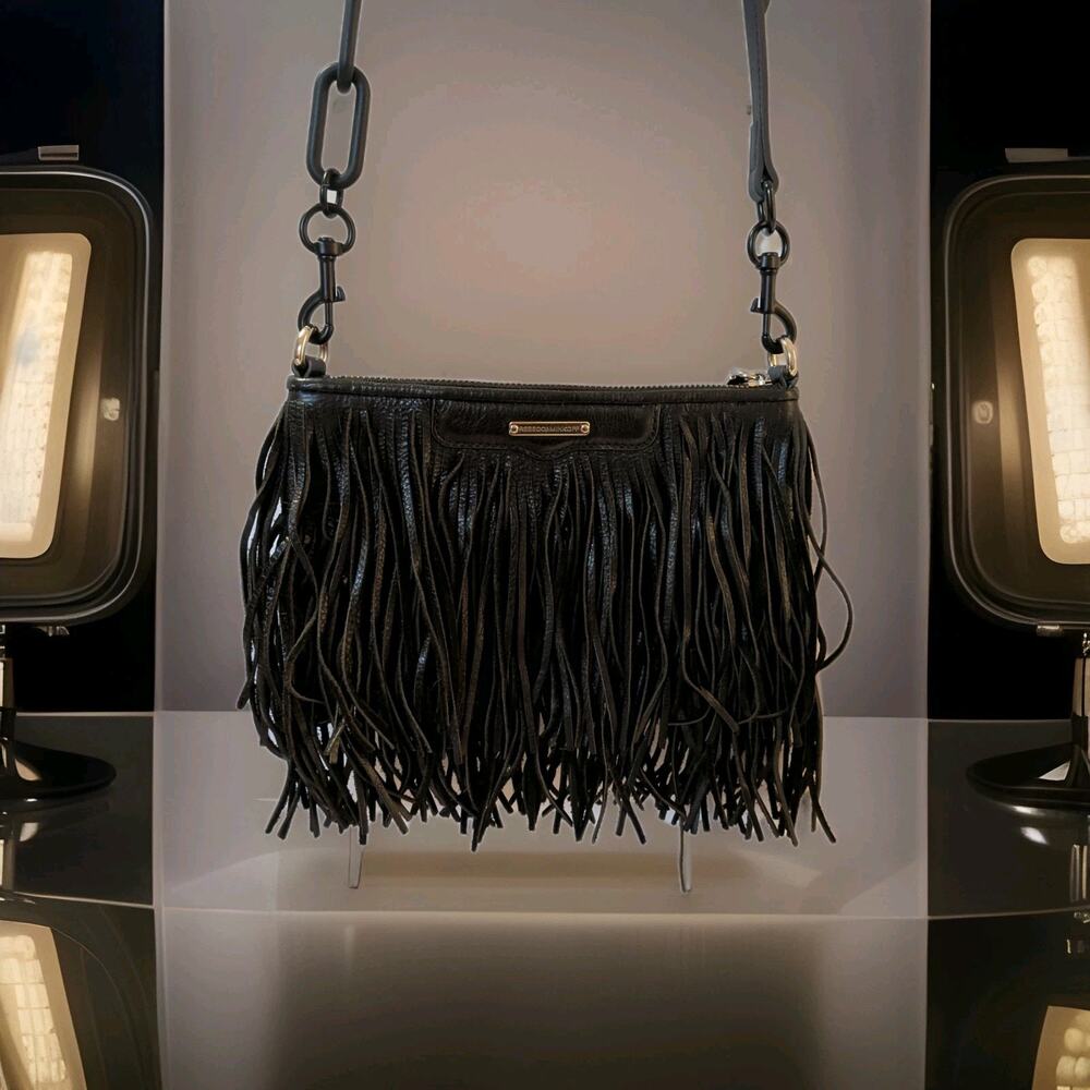 Rebecca Minkoff Fringe Black Crossbody Hippie Boho Leather Bag Purse - Picture 3 of 12